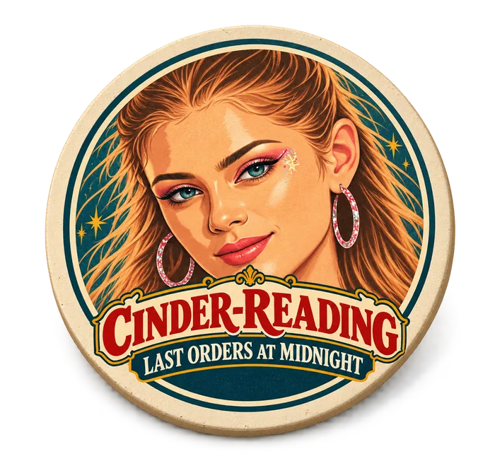 Round beer mat with Cinders and the Cinder-Reading masthead