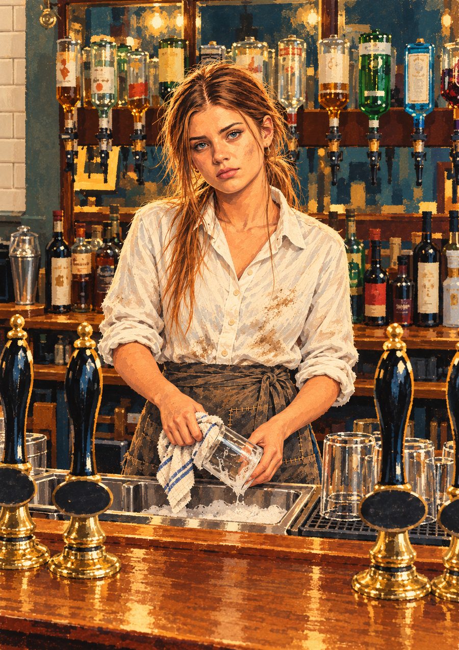 Cinders in rags, drying glasses behind the bar at The Retreat